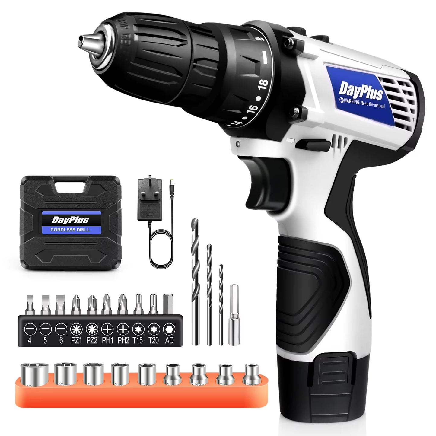 Cordless Drill and Driver Kit with Battery, 2-in-1 Electric Screwdriver with 45 N.M Torque, Dual Speed and 3/8 Inch Keyless Chuck