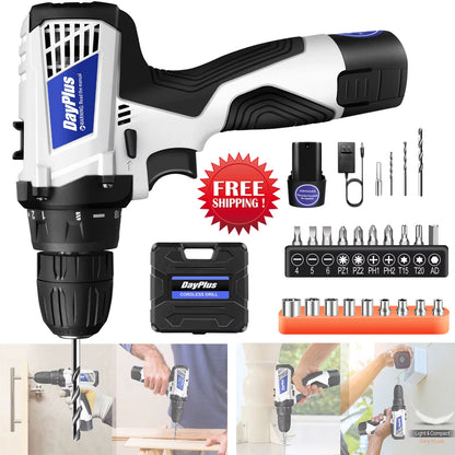 Cordless Drill and Driver Kit with Battery, 2-in-1 Electric Screwdriver with 45 N.M Torque, Dual Speed and 3/8 Inch Keyless Chuck